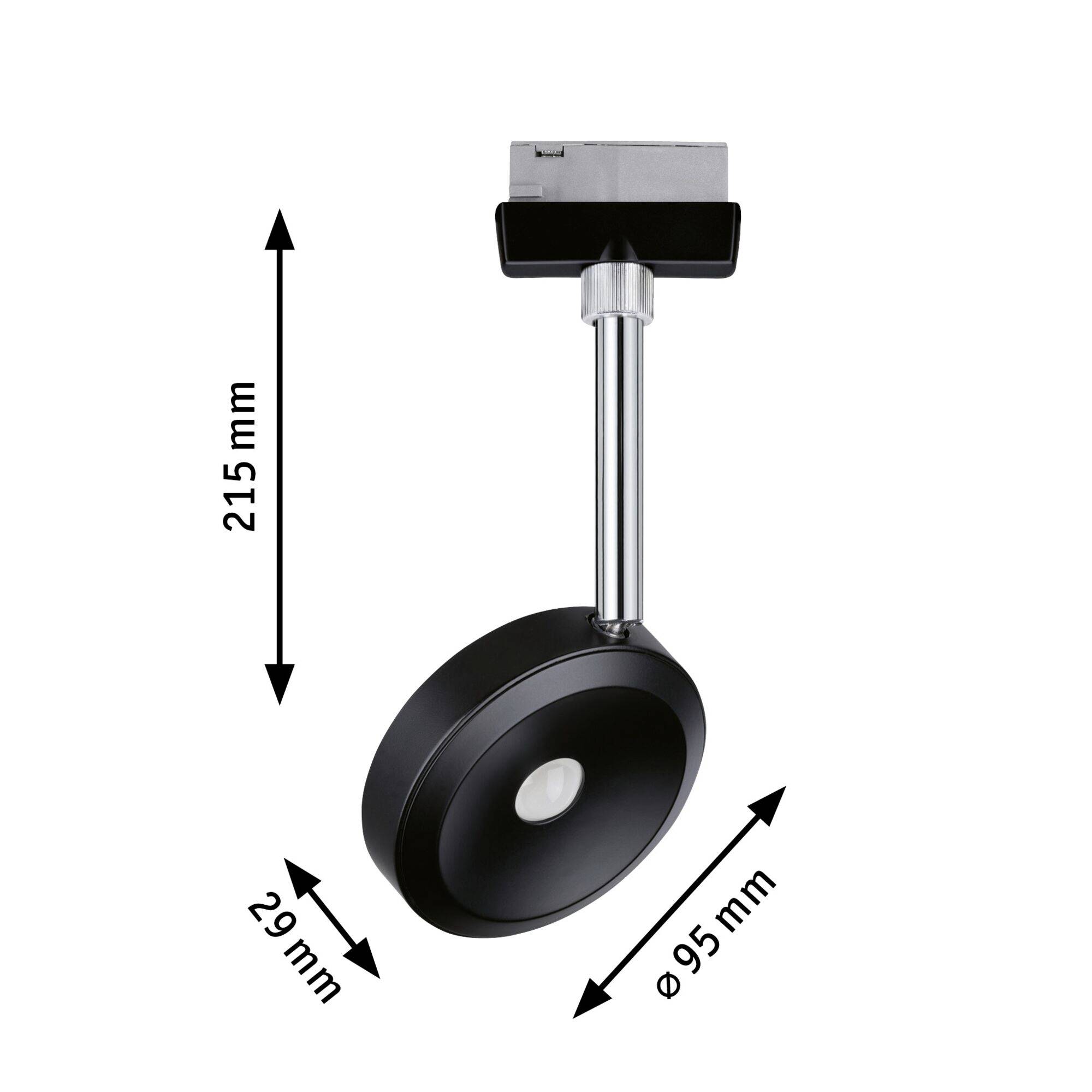 Black, round ceiling spotlight with silver arm, 215 mm high, diameter 95 mm, depth 29 mm. Ideal for directional lighting.