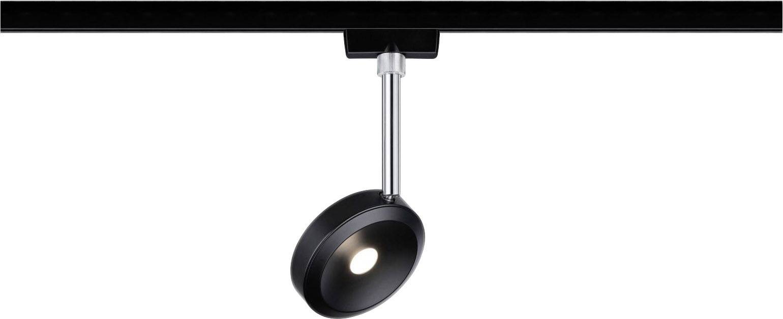 A single black ceiling spotlight is mounted on a track and directed downwards.