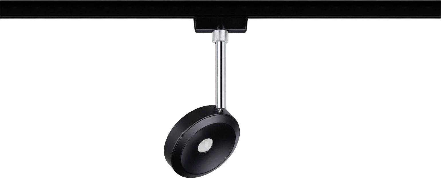 A round, black ceiling spotlight with a silver mounting bracket, installed on a black track.