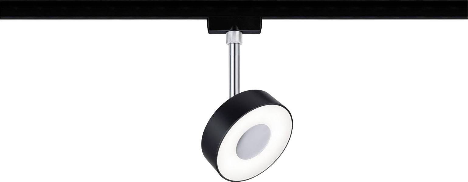 A single round track light in black and white, suspended from a metal track system, with a minimalist design.