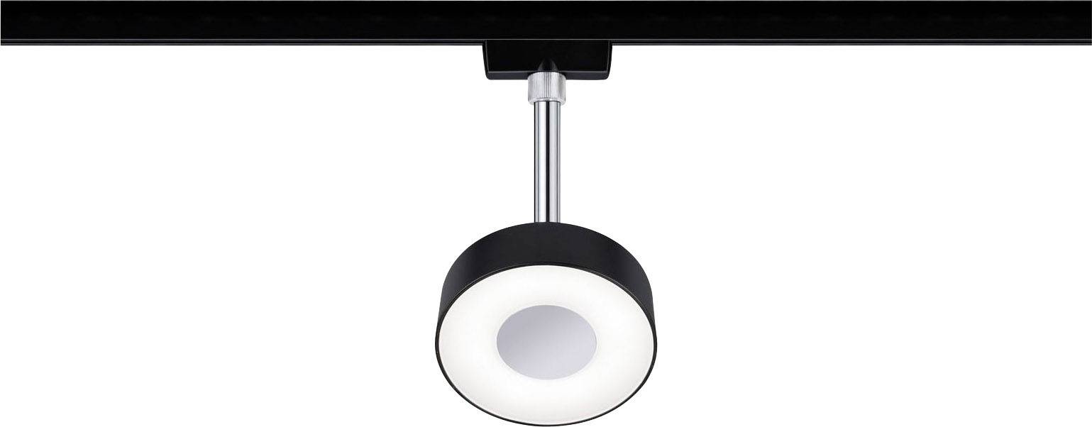 A modern black track light with a round, white lamp body suspended from a metal rod from the ceiling.
