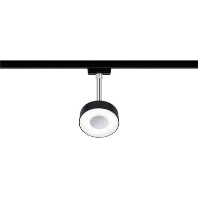 A modern black track light with a round, white lamp body suspended from a metal rod from the ceiling.
