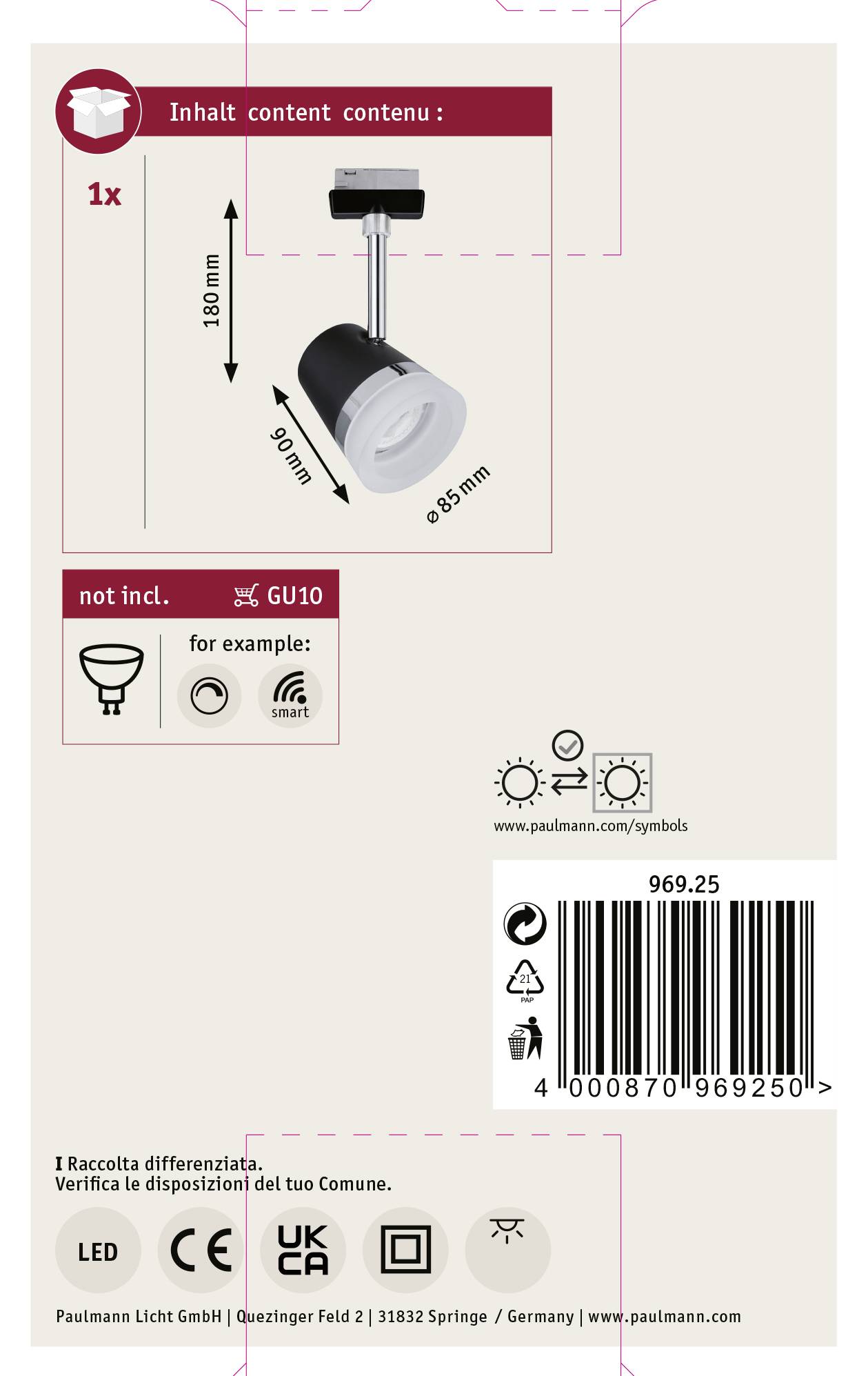 Packaging image of a swivel GU10 spotlight with mounting instructions. Language options: German, English, French.