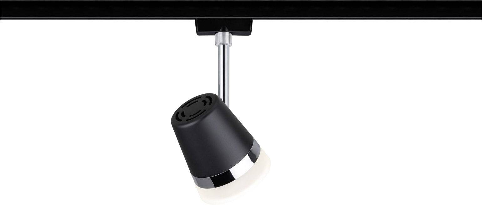 Black LED spotlight mounted on a track, angled downwards, with a metallic gleaming edge at the bottom of the lamp.