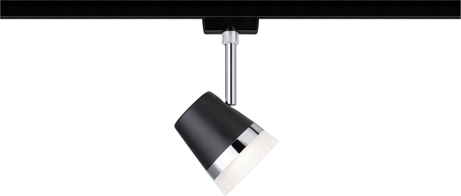 A black ceiling light with a conical shade and silver accents hangs from a track.