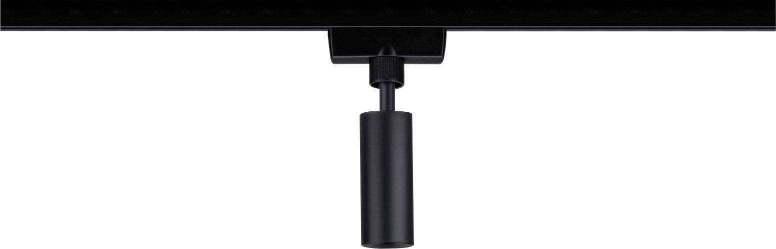 A black, cylindrical rod hangs from a metallic structure, potentially part of an assembly system or mounting bracket.