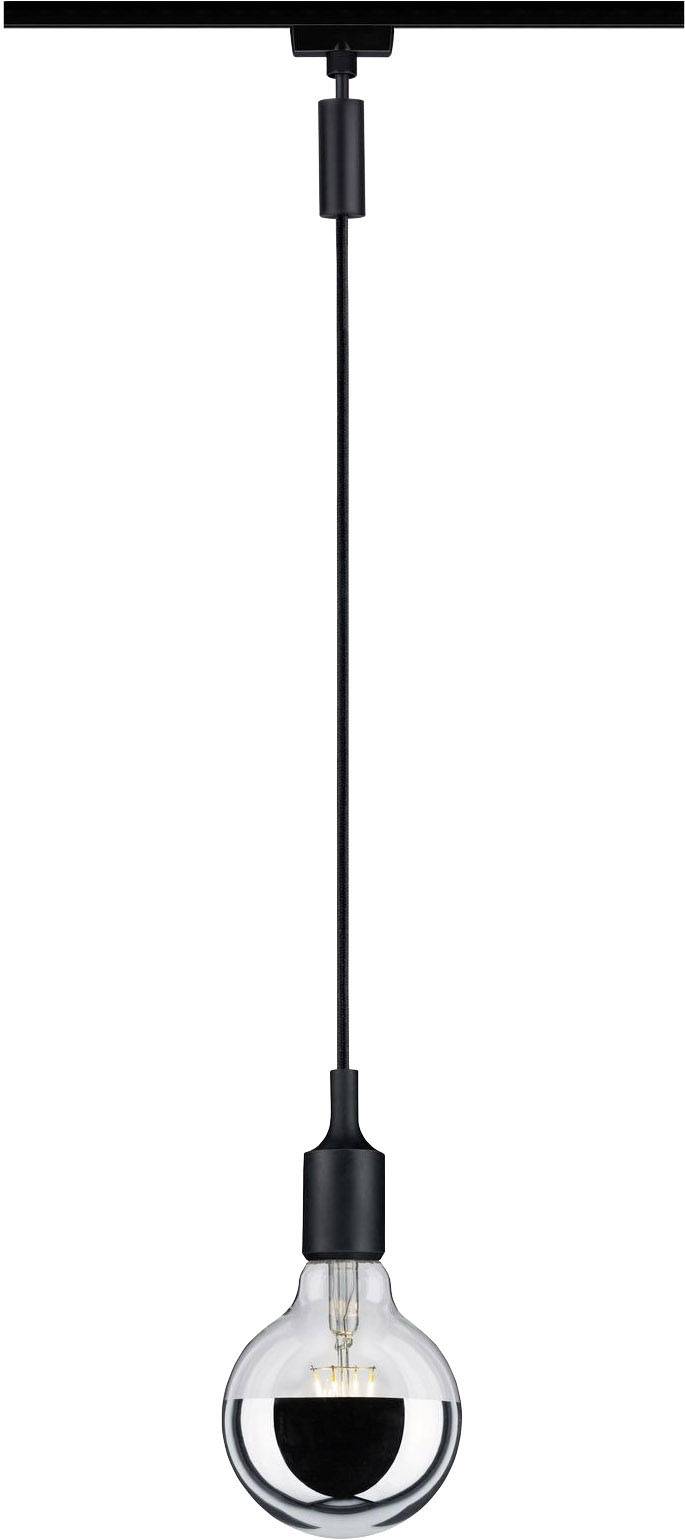 Pendant light with black cable and clear light bulb in a modern design.