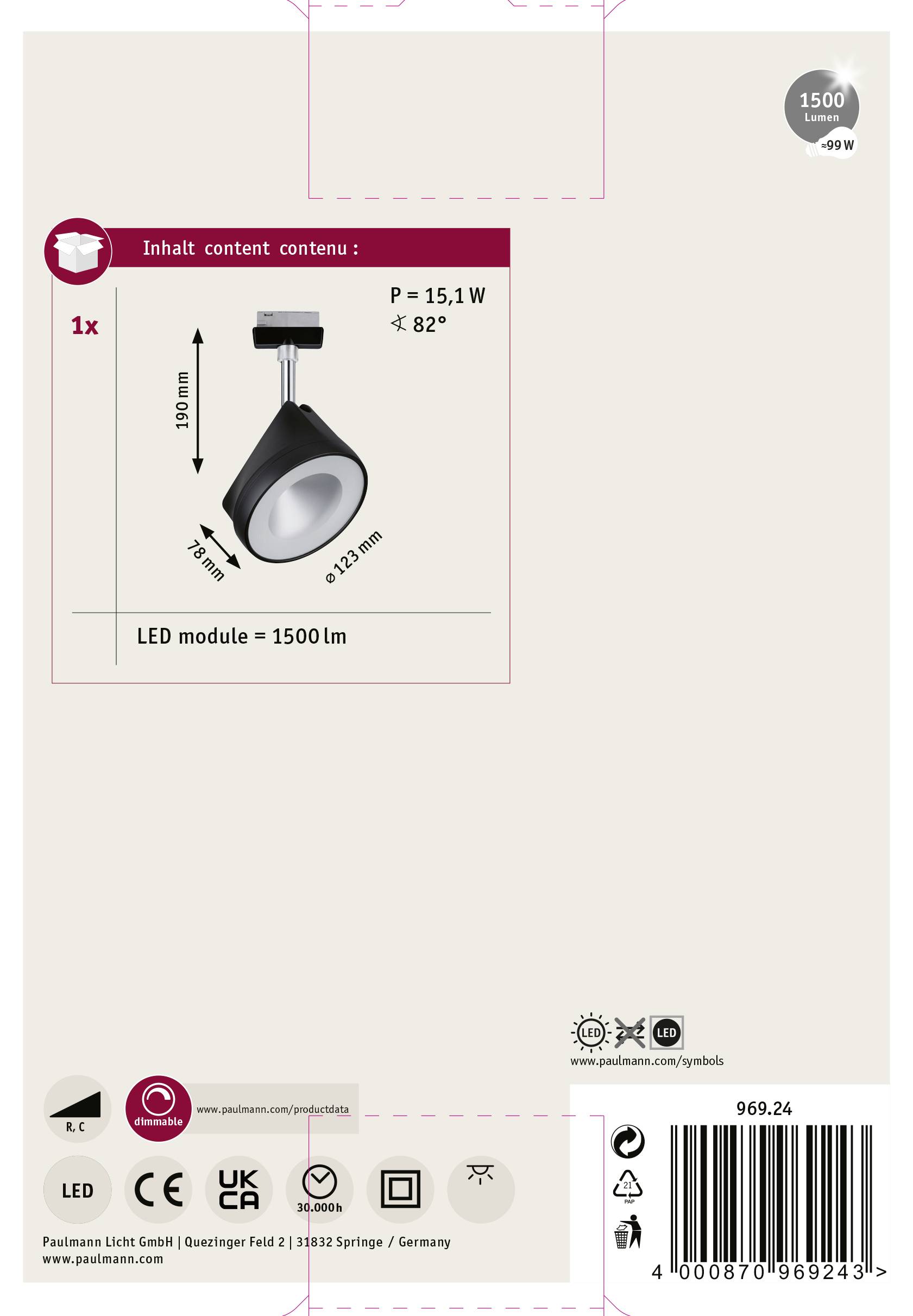 Paulmann Arena High voltage mounting rail light URail Built-in LED 14 W LED (monochrome) Black (matt), Chrome-7