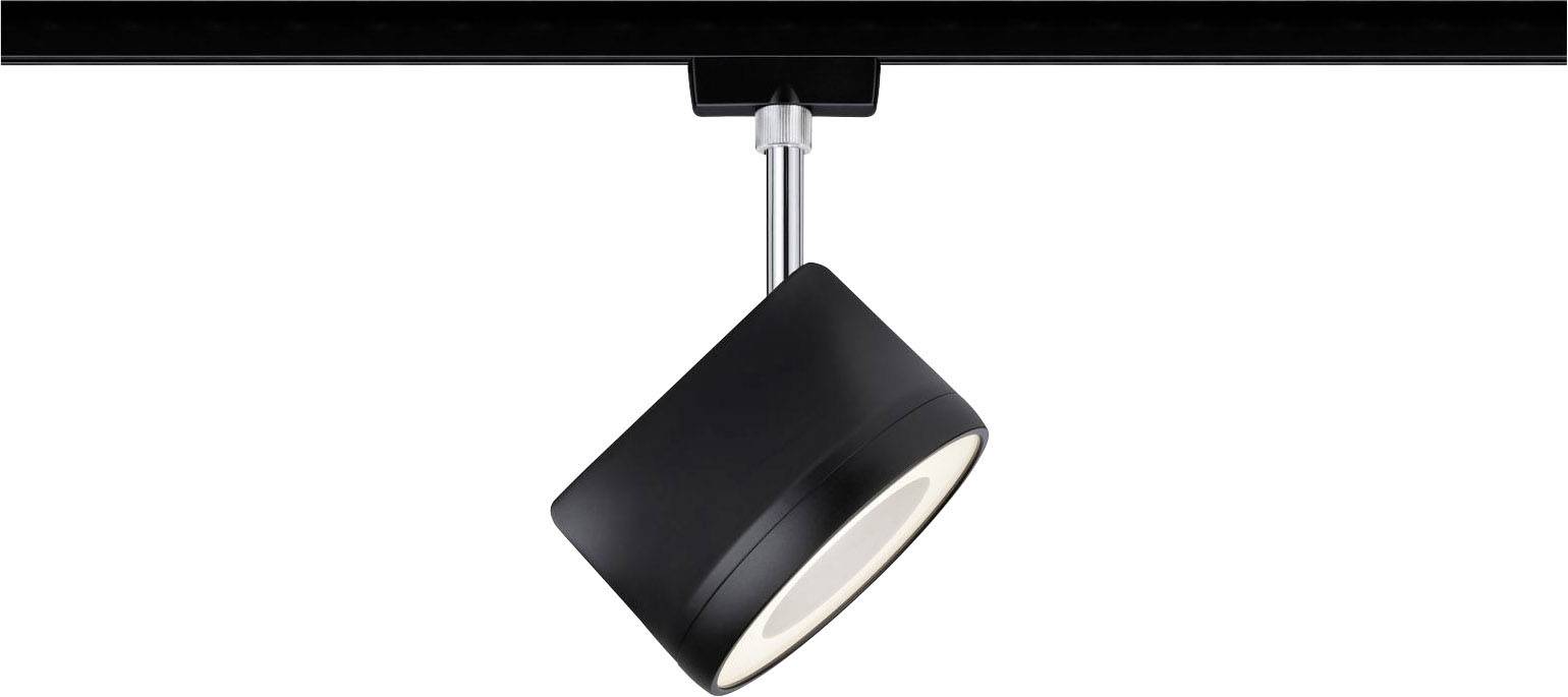 A modern, black ceiling spotlight is mounted on a black track. The spotlight is slightly angled and illuminates downwards.