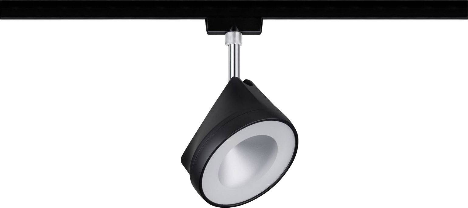 A black track light with a conical, adjustable lamp head, mounted on a metal track.