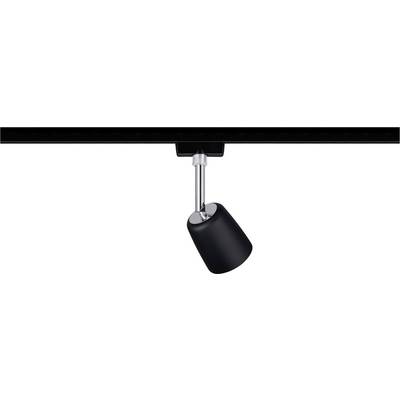 Black ceiling spotlight on a track, adjustable, for targeted illumination of a specific area of a room.