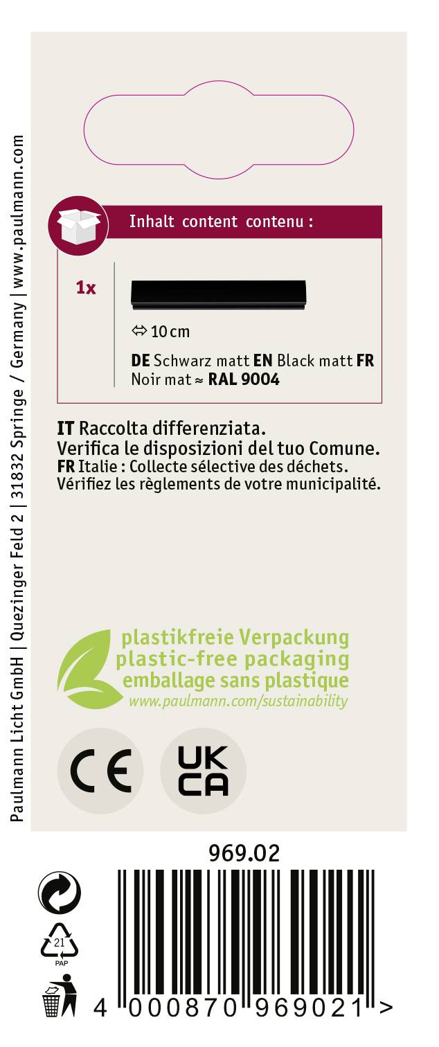 'Plastic-free Packaging' label with manufacturer details, product colour 'Matt Black', recycling guidance and certifications.