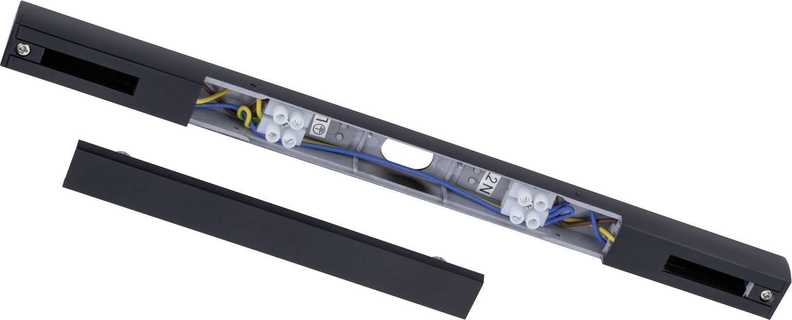 A black cable conduit with visible coloured wires and terminals, open to clarify the internal structure.