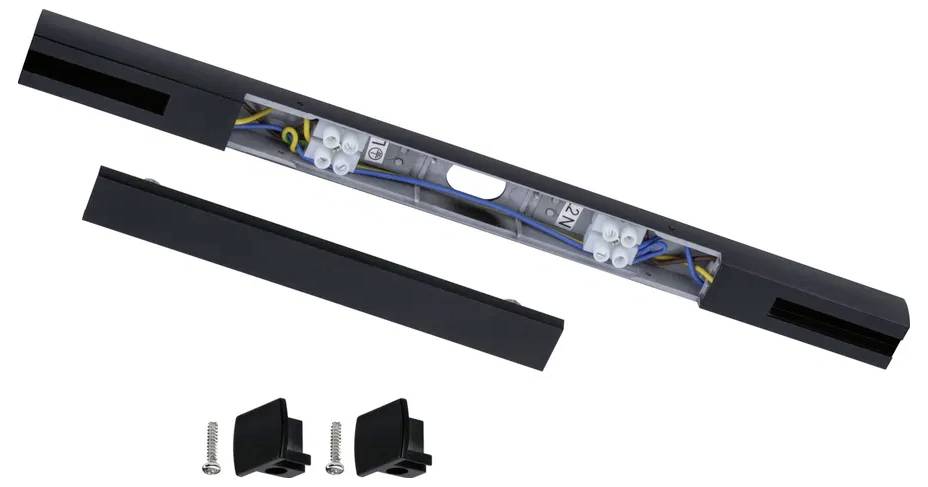 Black metallic hinge with electrical components, two small cover caps and screws. Purpose undetermined.