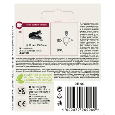 On the product packaging it says 'DE Schwarz matt EN Black matt FR Noir mat', and includes an image of a plug measuring 18 mm x 62 mm.