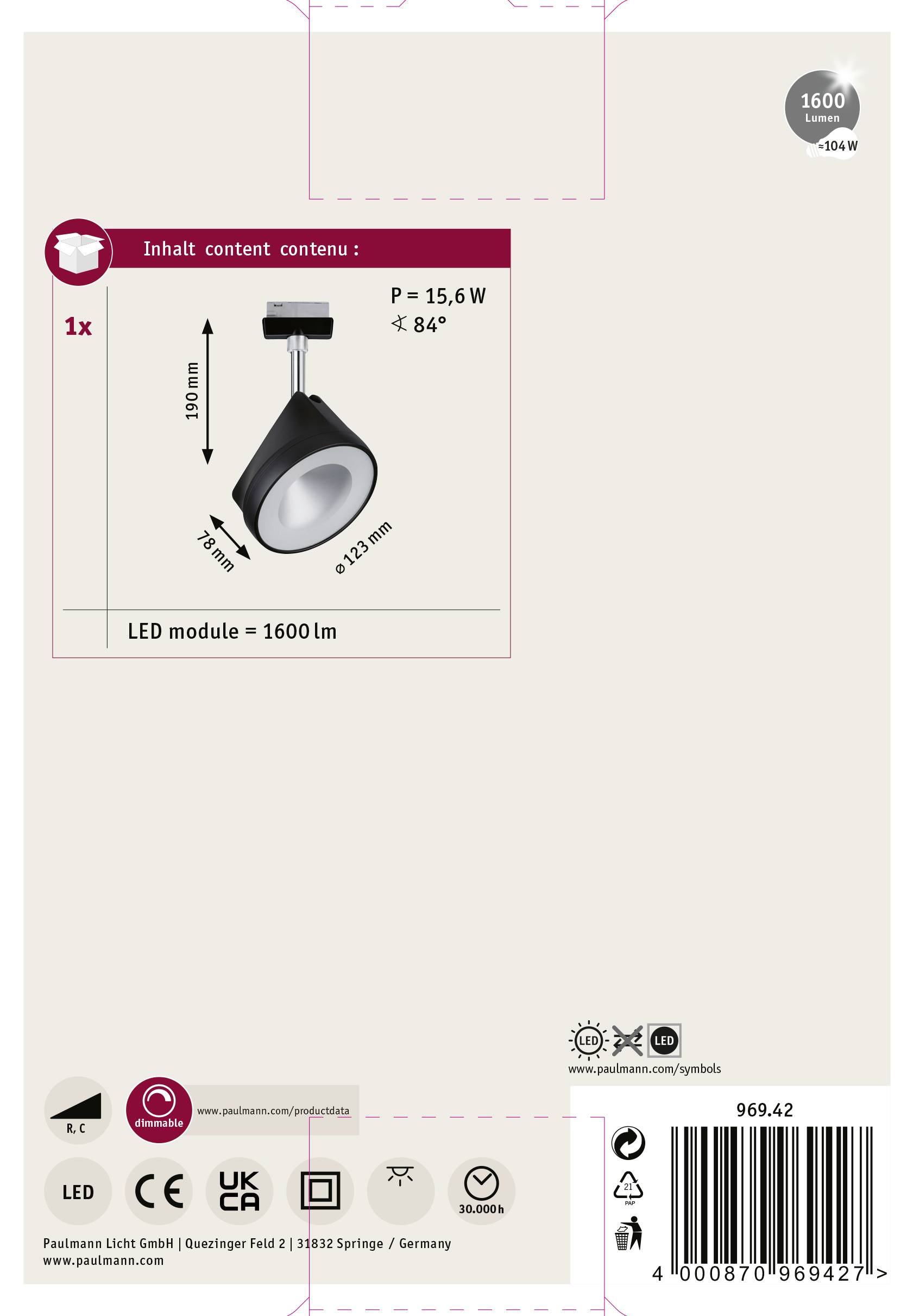 'Packaging of an LED track with spotlight, 15.6W power, 1600 lumens, 84° beam angle. Dimensions 100mm height, 155mm length.'