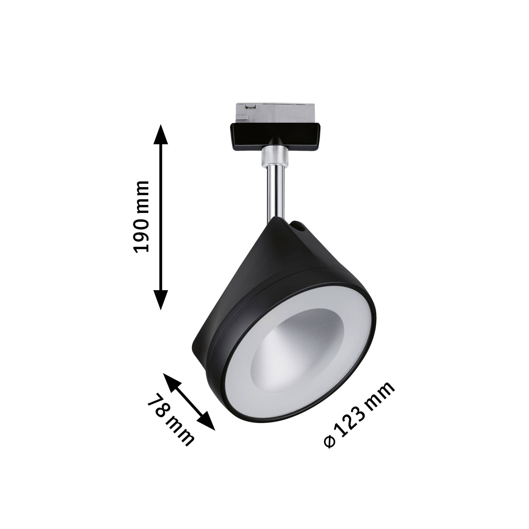 A black ceiling light in a conical shape with dimensions: height 190 mm, diameter 123 mm, depth 78 mm.