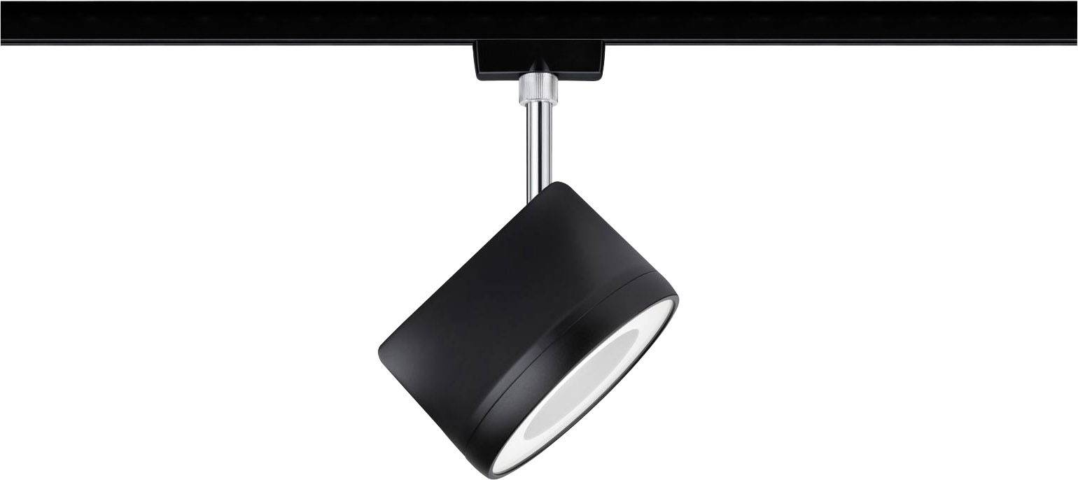 Black, cylindrical ceiling spotlight, tilted to the side, mounted on a track. Suitable for targeted lighting.