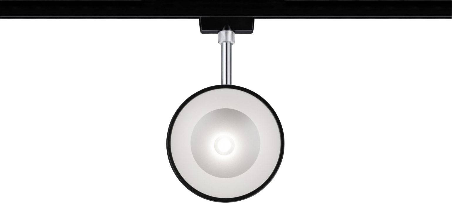 A ceiling spotlight shines down from the ceiling. The spotlight has a silver frame and is mounted in a pivoting housing.