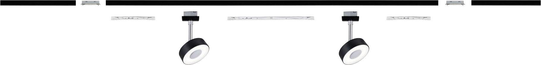 'Three-part electrical track system in black with two individual LED lights beneath, suitable for ceiling mounting.'