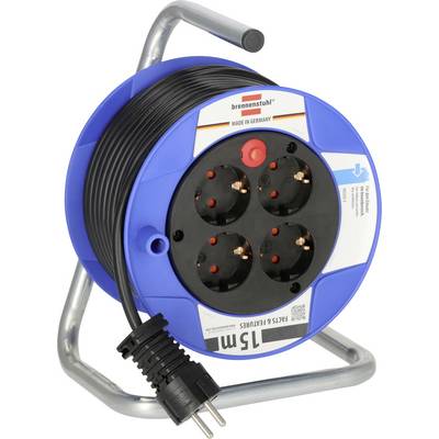 Blue cable reel with four grounded power outlets and a plug, mounted on a metal frame.