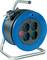 A coiled cable reel with a blue cover and four plug sockets, positioned on a silver stand.
