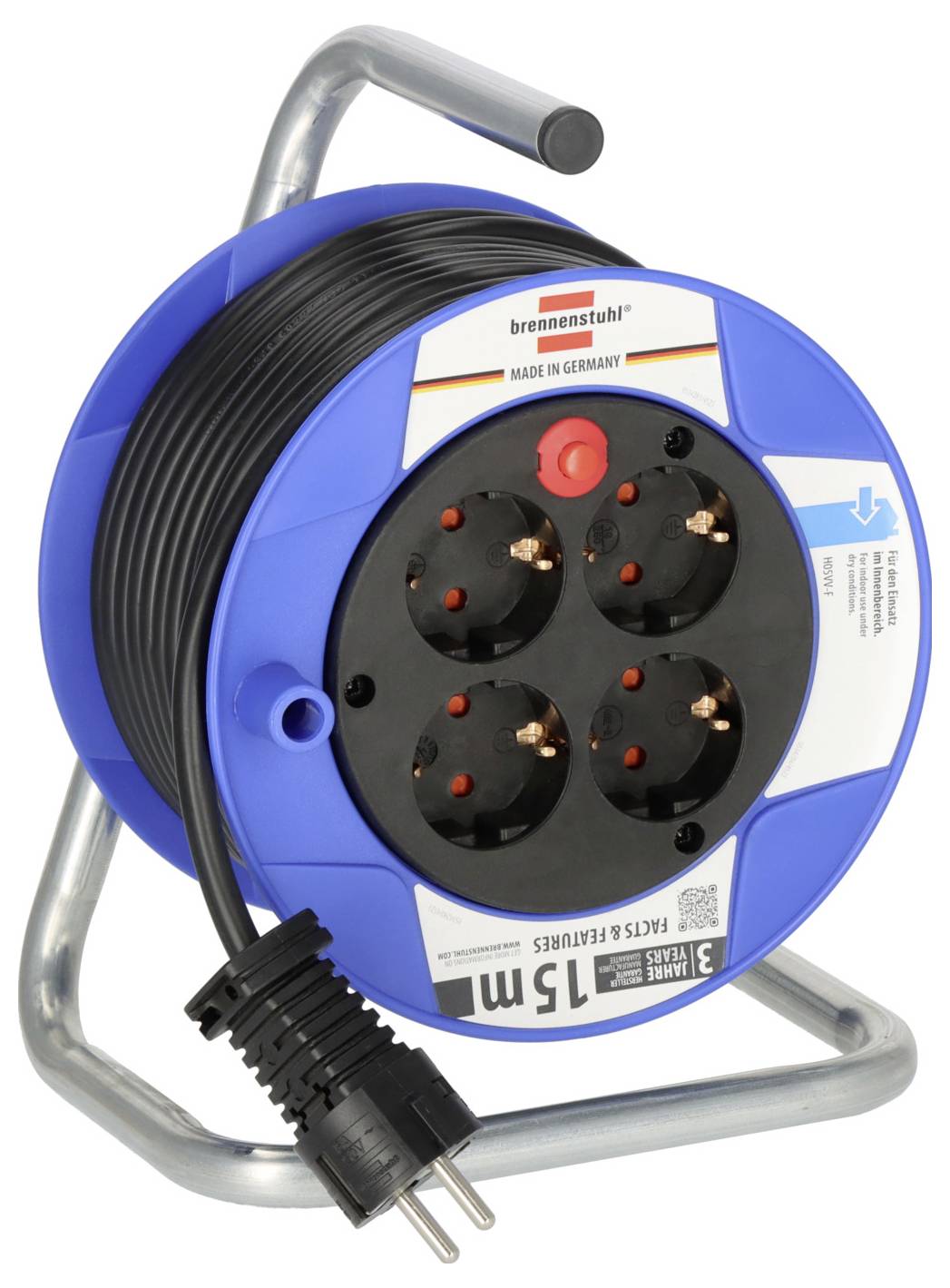 'Blue-black cable reel with four plug sockets and 15 m cable. Manufactured in Germany. Marked with safety and product information.'