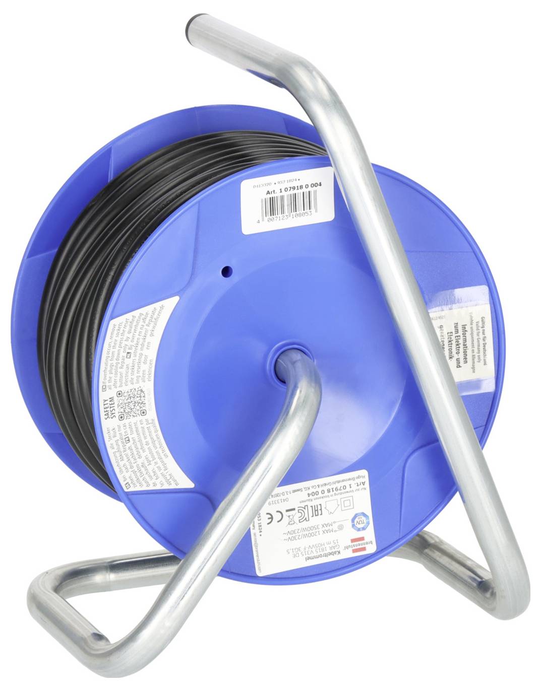 A blue cable reel on a metal stand, partially wound, with labels on the side providing product information.