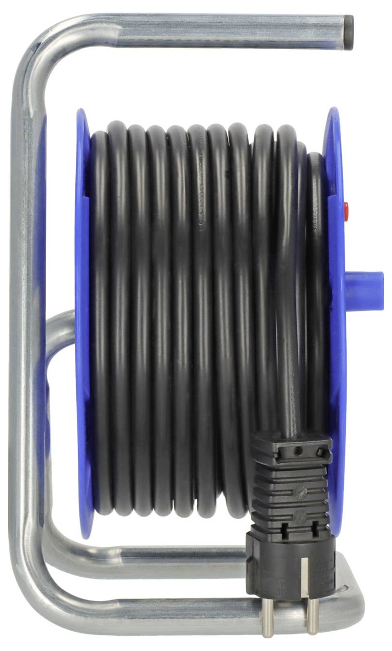 Cable reel with a black cable wound around it and a plug, mounted on a silver metal stand.