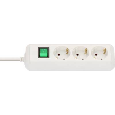 White power strip with a green on/off switch and three European-style outlets, plugged in on the left.