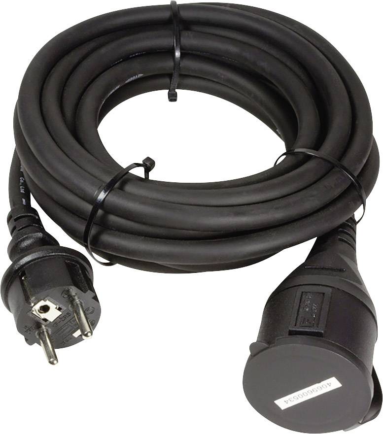 Black extension lead with UK plug and socket, coiled and secured with two cable ties.