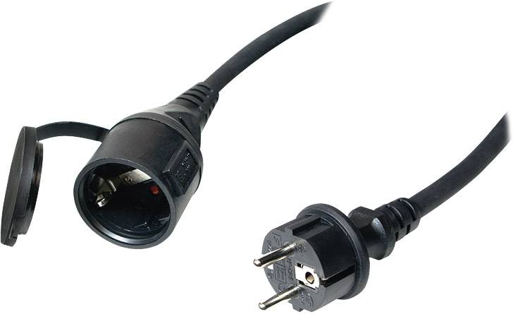 Black power extension cable with earthed plug and socket, suitable for outdoor use.