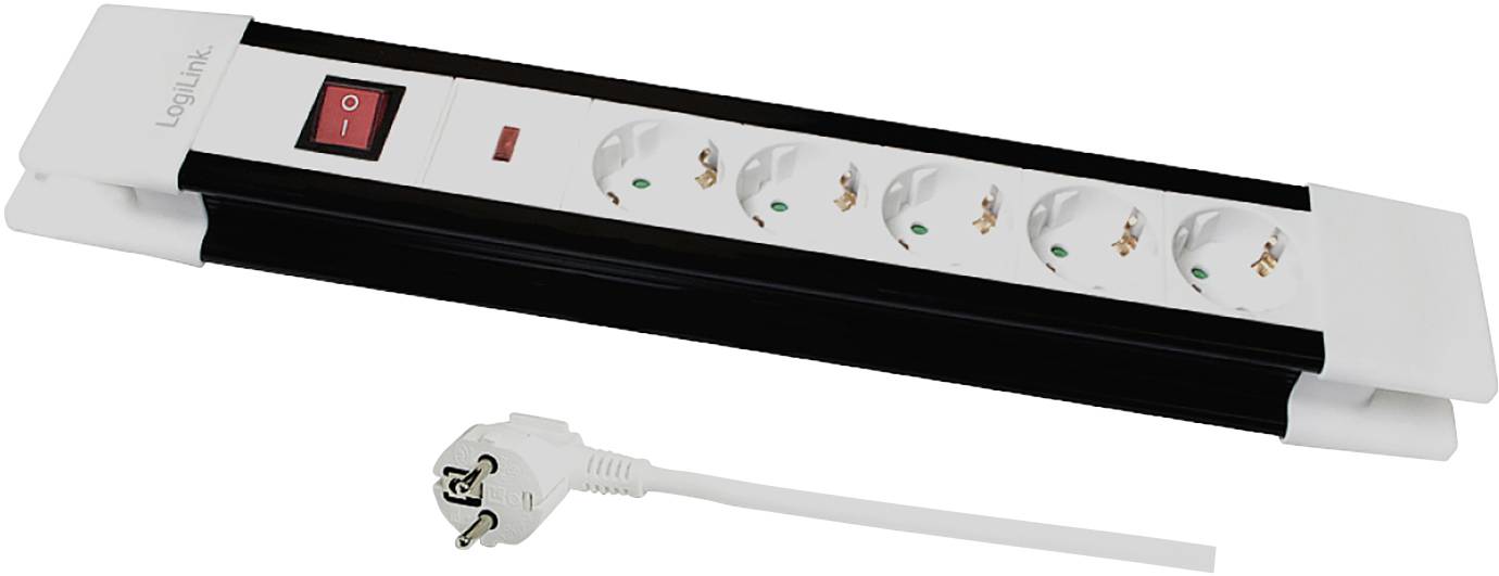 Six-way power strip with surge protection and red on/off switch. Suitable for computers or office electronics.