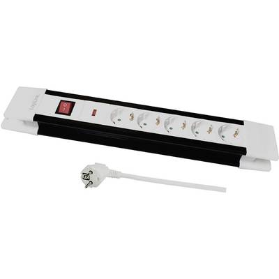 Six-way power strip with surge protection and red on/off switch. Suitable for computers or office electronics.