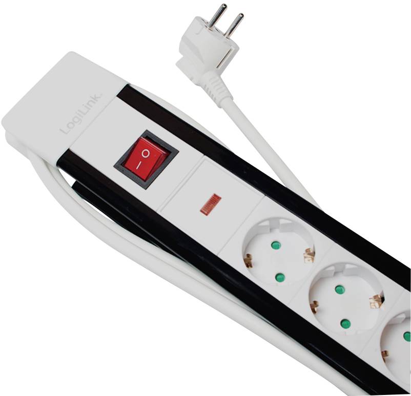 Multi-socket extension with three Schuko plug sockets and built-in on/off switch. One mains plug is connected.