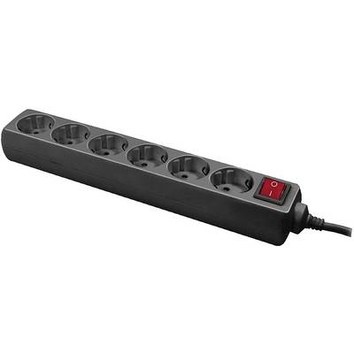 A black power strip with six sockets and a red on/off switch.