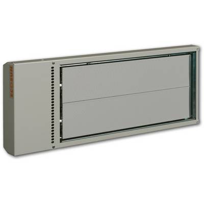 Wall-mounted radiant heater attached to a wall, rectangular in shape, grey in colour, with the brand name 'ECOSUN' visible on the side.
