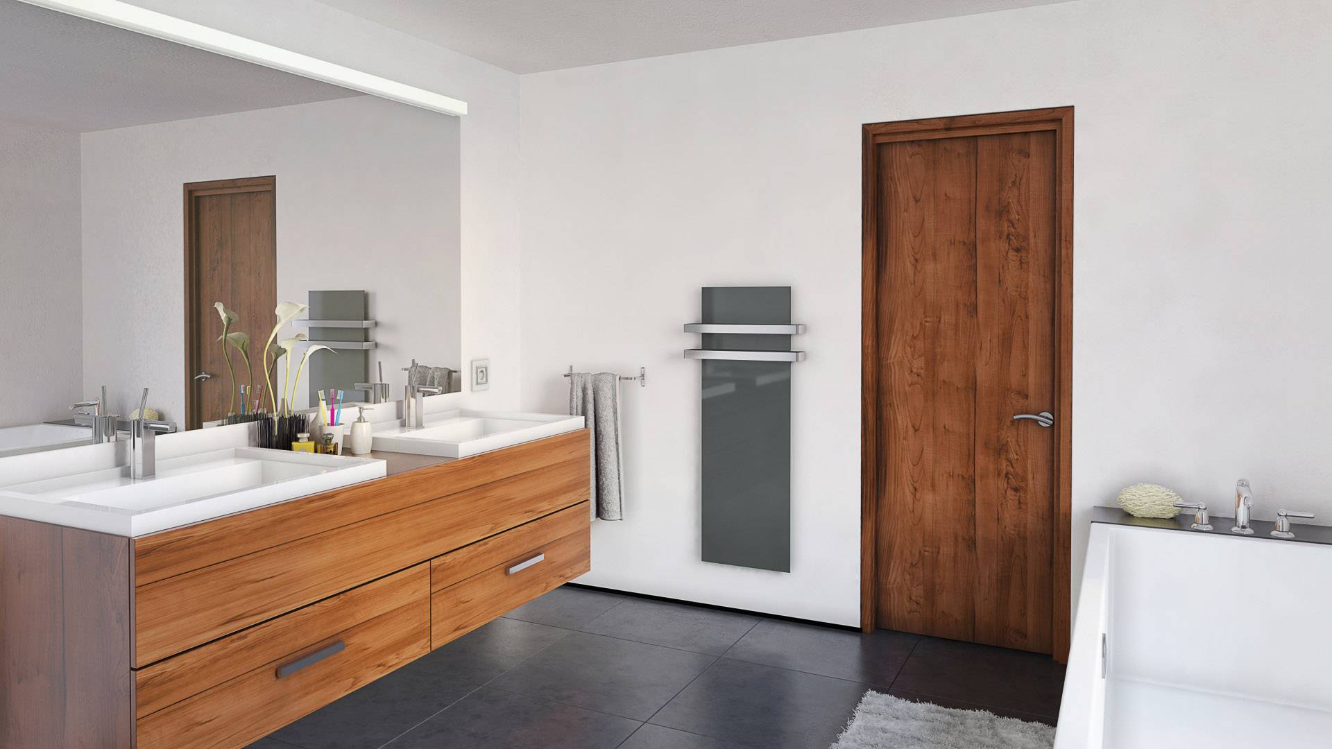 A modern bathroom with a wooden vanity unit, two washbasins, large mirror, bath tub on the right, and towel rails mounted on the wall.