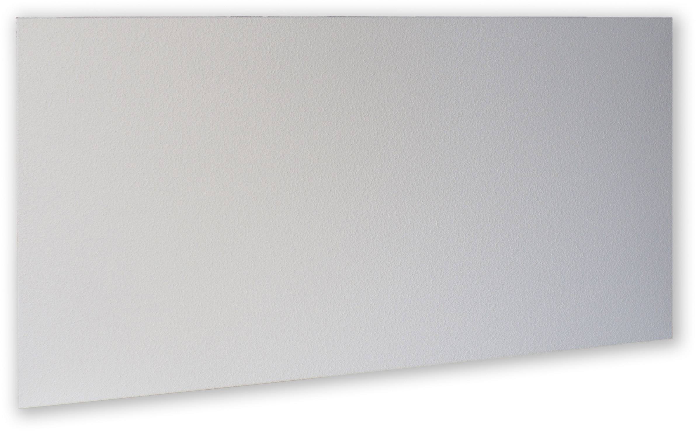 Rectangular, white metal heating panel, smooth and minimalist, suitable for wall mounting in interior spaces.