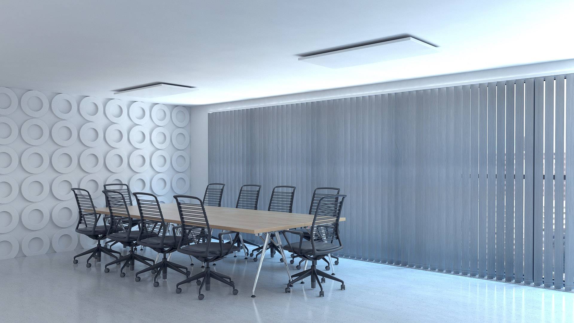 Empty conference room with a long wooden table and black office chairs, modern decorative wall and large windows with vertical blinds.