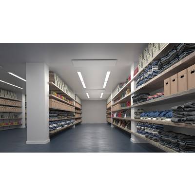A storage room with tall shelves stacked with ring binders, boxes, and folded clothing. The lighting is bright and uniform.