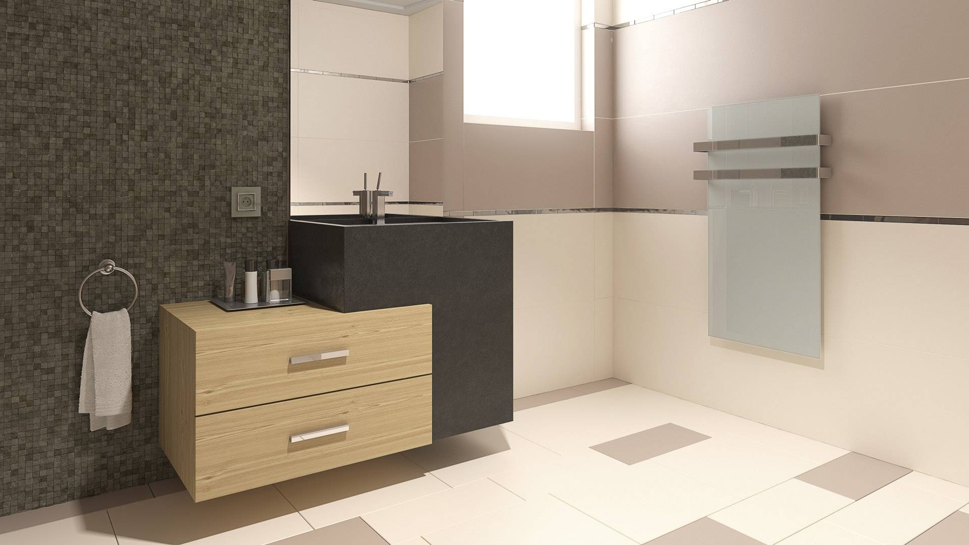 Modern bathroom with a washbasin and wooden vanity unit, towel rail mounted on the wall. Subtle lighting from a window.