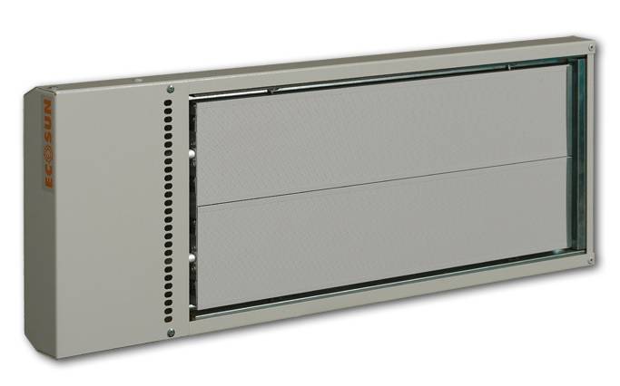 White, rectangular ceiling heating panel with a metal housing in a modern design.