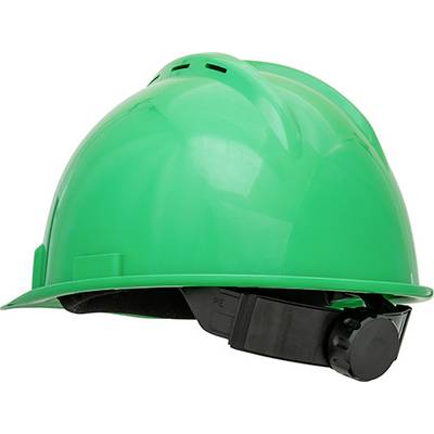 A green safety helmet used for safety and protective measures on construction sites.
