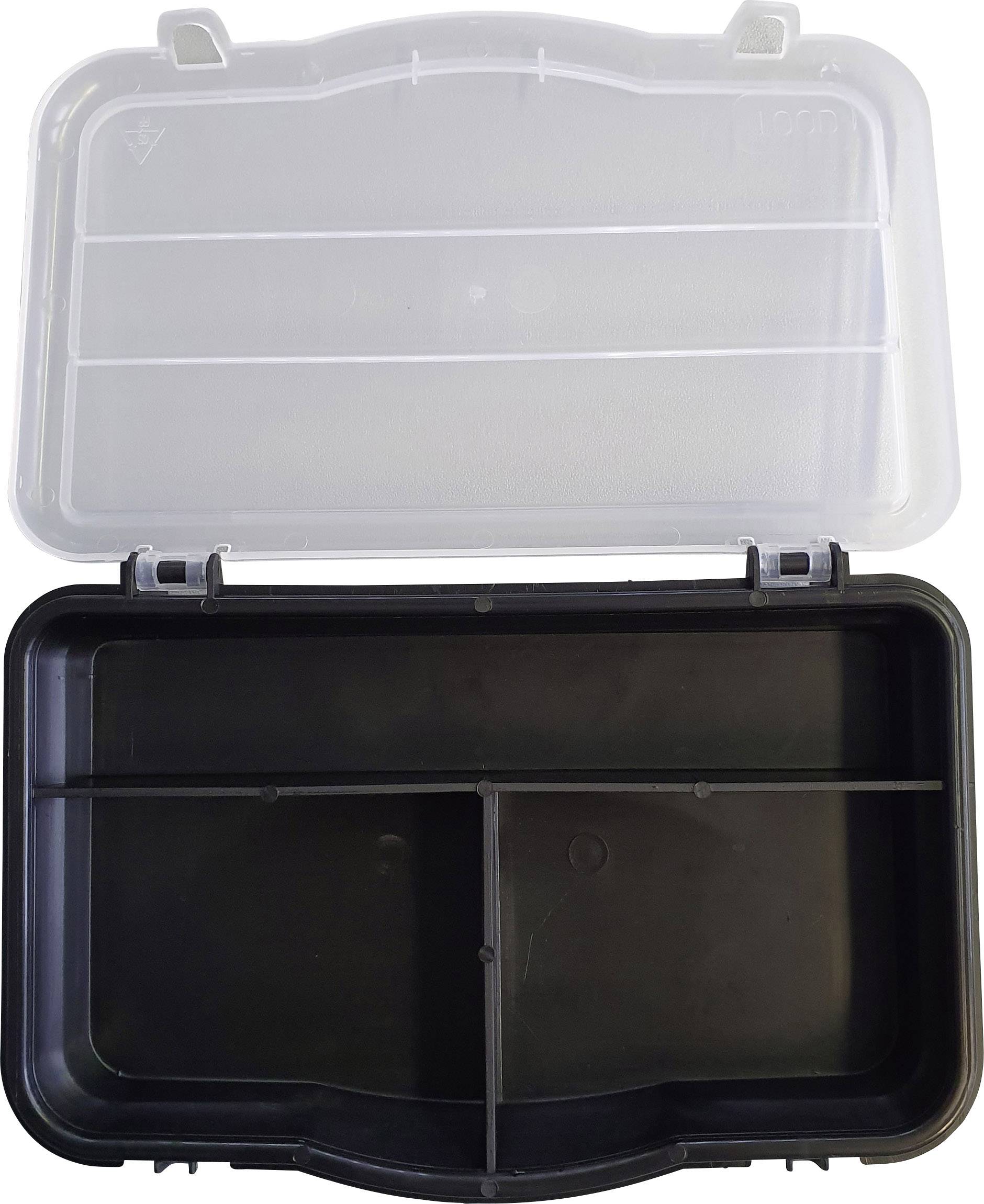 Open empty plastic box with a black base and transparent lid, divided into three compartments.