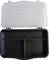 Open empty plastic box with a black base and transparent lid, divided into three compartments.
