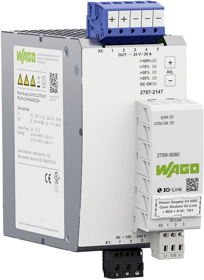A WAGO power supply module with a DC output, typical connection terminals and status LEDs. It is designed for industrial applications.