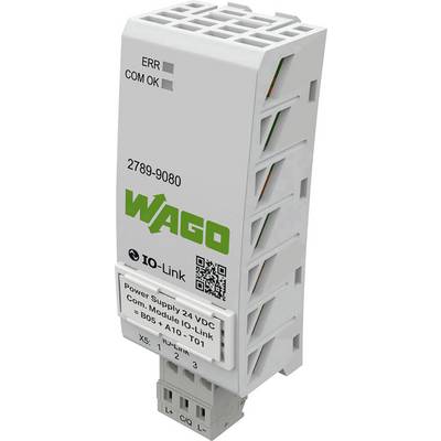 Power supply module with 'WAGO' label. Contains an IO-Link communication module and LED indicators for errors and communication.