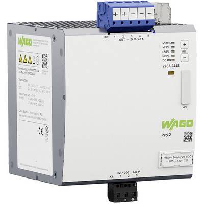 A WAGO power supply module Pro 2, with technical specifications printed on it. Suitable for 24V, 40A, DC output. Multiple connections on the top.