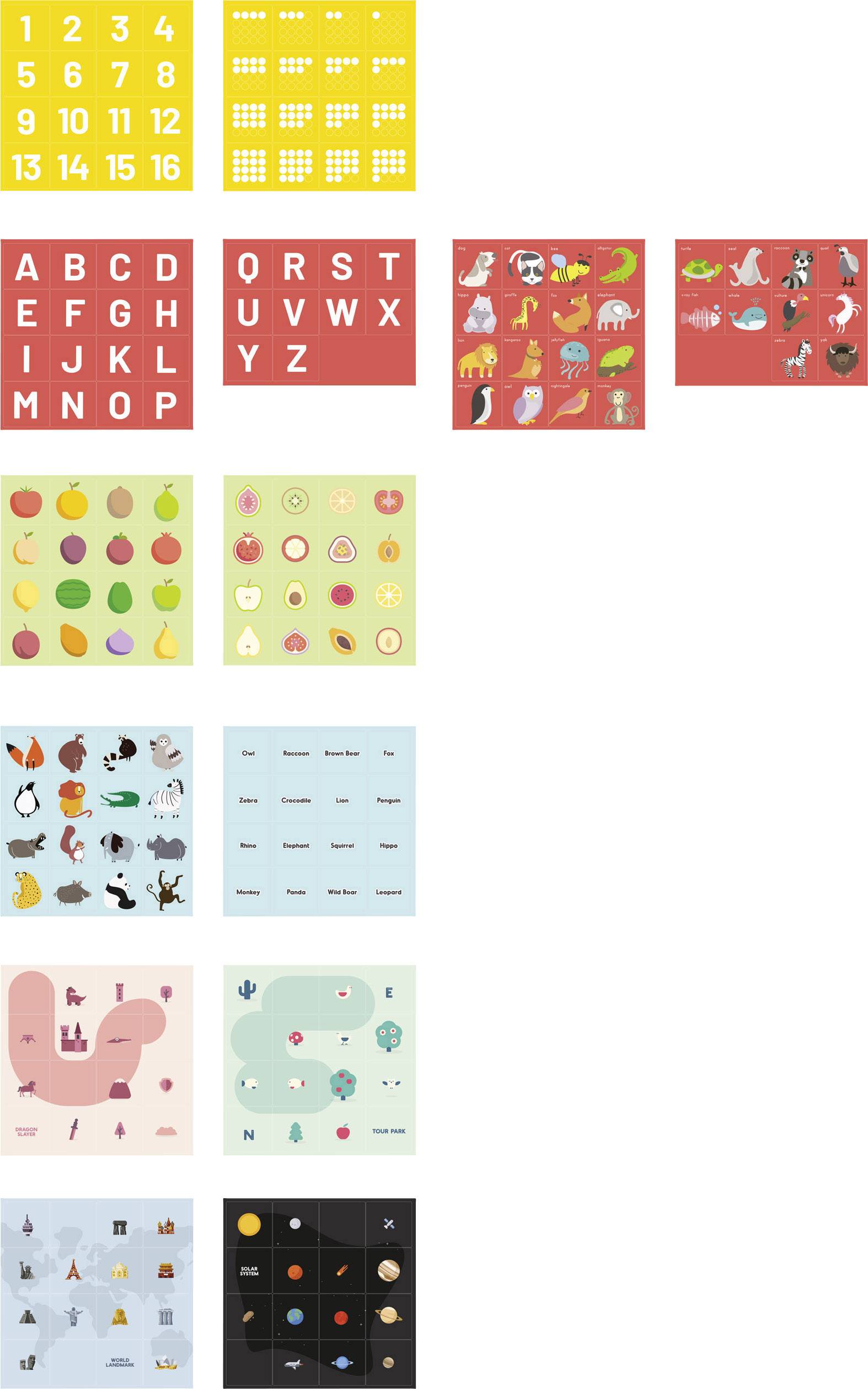 A collage of colourful squares with numbers, letters, fruits, animals, and small illustrations, showcasing diversity.